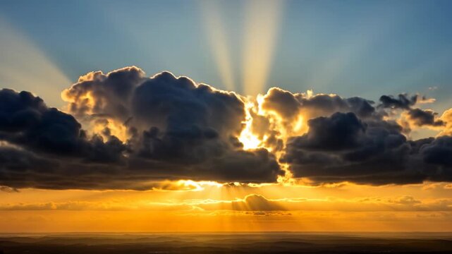 Dramatic Sunrays Breaking Through Clouds at Sunset Over Expansive Landscape