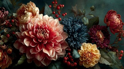 A vibrant floral arrangement with dahlias and peonies