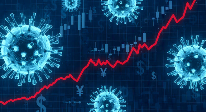 Red Market Graph Rise Against Virus and Currency Icons In Blue Tone Dark Backdrop Illustrating Financial Trends