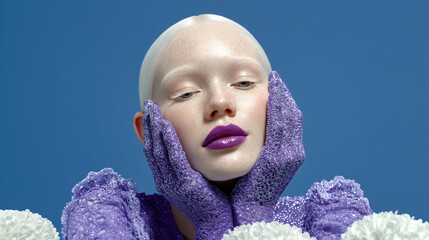 Albino Beauty in Violet Dress on Glitter Blue Background – Party Glam Portrait
