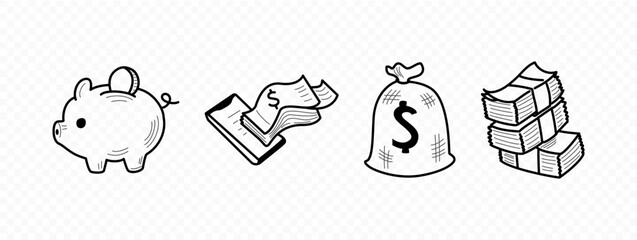 Collection of simple black and white financial doodle icons: piggy bank, mobile money, dollar bag, and cash stacks. Ideal for apps, infographics, and web design