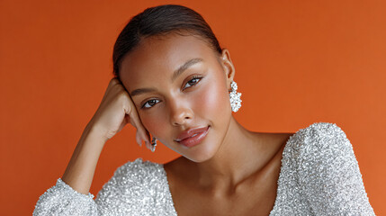Glam Black Woman in Silver Sparkly Dress – Glitter Orange Party Banner