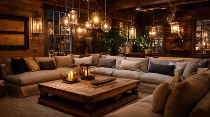 interior of a hotel room,with beautifulsofa,pillow,golden  roundlights,window and beautiful luxury floor