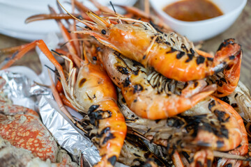 Grilled river prawns served on plate