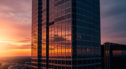 Tall glass building reflects a vibrant sunset with hues of orange and purple in the evening sky