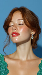Redhead Party Glam Photo on Blue Glitter Background for Haircare Campaign