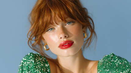 Redhead Party Glam Photo on Blue Glitter Background for Haircare Campaign