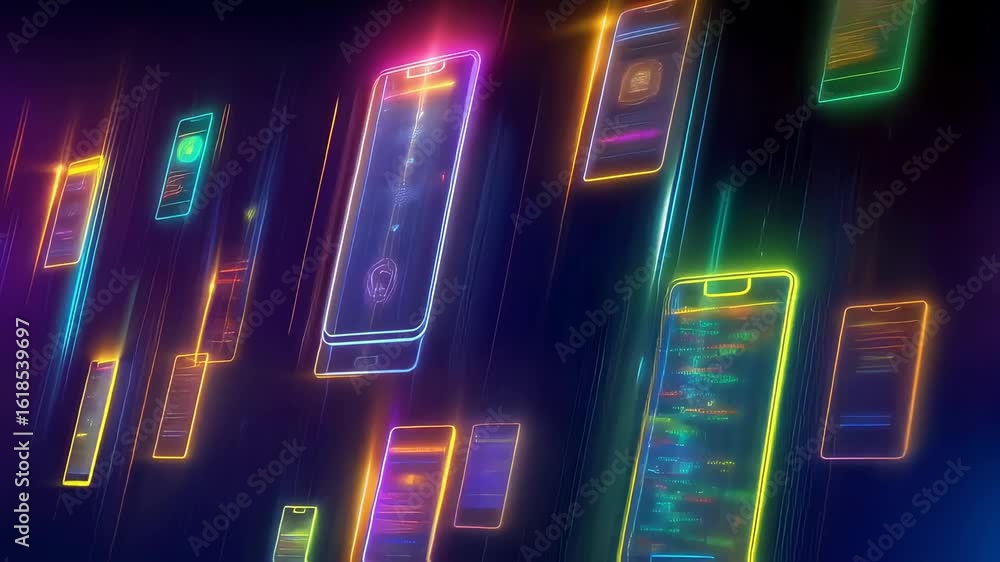 Aufkleber multiple smartphone screens with neon glowing interfaces floating in dark background. vertical panni