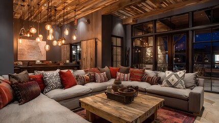 living room with fireplace, sofa,pillow,lights,window and the lluxury floor