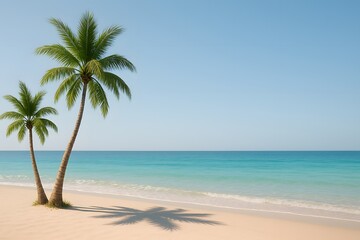 Fototapeta premium Tranquil Beach Scene with Palm Trees and Clear Blue Ocean Water