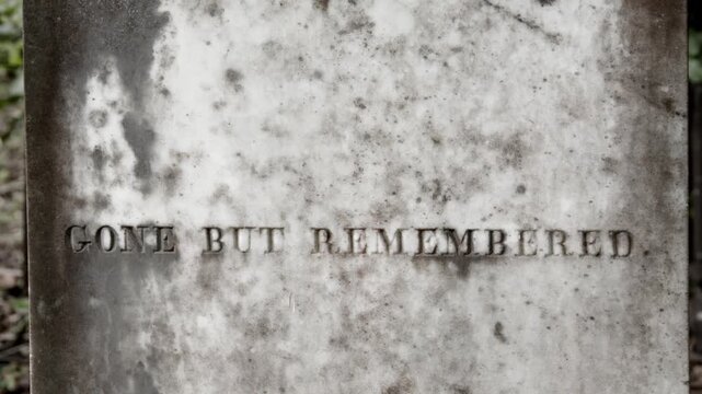 Zoom in, close up of writing on an ancient, weathered tombstone that says gone but remembered.