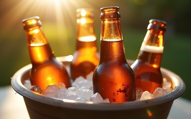 cold beer bottles in ice bucket with condensation — ideal for international beer day campaigns, summer party flyers, or beverage branding design. High quality