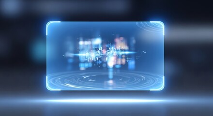 Futuristic holographic display showcasing a vibrant, abstract digital cityscape with glowing lights and energy pulses.