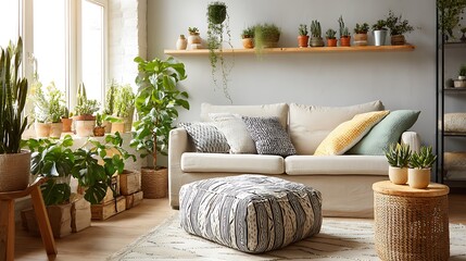 living room interior with sofa,couch,pillow,window,decoration pieces