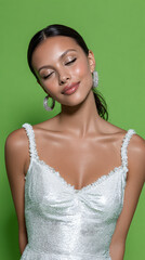 Silver Sequin Glam Portrait with Black Glitter Eyeshadow – Neon Green Banner