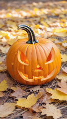 Close-Up of Halloween Pumpkin with Carved Eyes and Mouth on Fallen Autumn Leaves