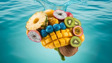 A colorful splash of tropical fruits creates a refreshing underwater scene