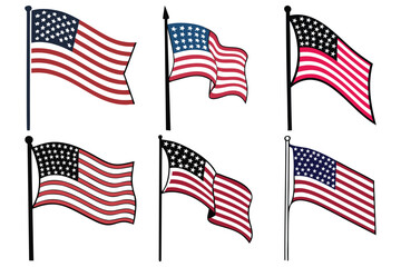Stylized American Flags Set – Waving USA Flag Vector Collection for Patriotic Designs