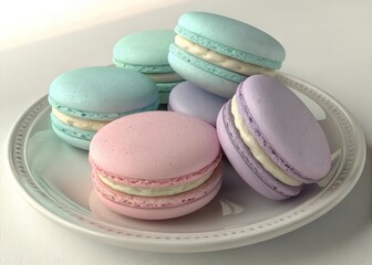 Obraz premium Delightful gathering of assorted french macarons in soft pastel colors gourmet bakery sweet treats cozy atmosphere close-up view artisanal confectionery experience