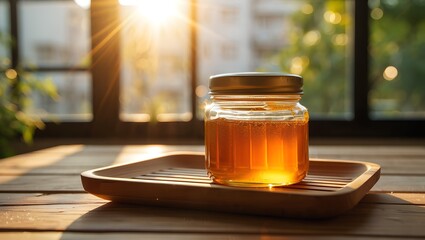Golden Hour Honey Tea: Amber Liquid in Glass Jar with Wooden Dipper on Wooden Tray Generated with AI
