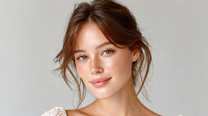 Dewy  Complexion Headshot on Light Gray for Clean Cosmetics Branding