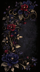 Dark vintage floral frame with purple and red roses, ornate botanical design on black background