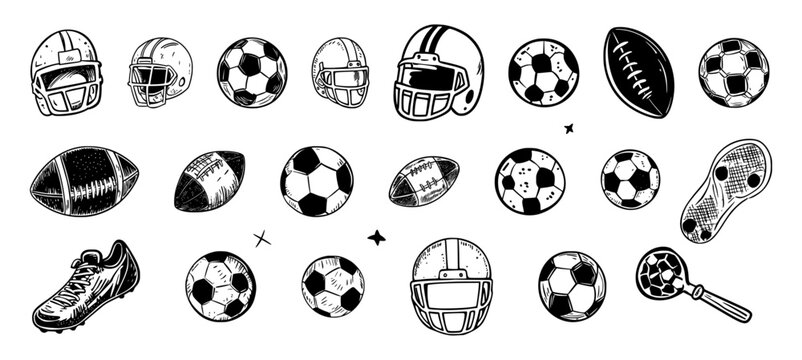Football doodle icon set with hand-drawn soccer balls, helmets, shoes, and sports elements for athletic design