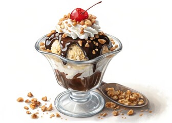 Indulge in a decadent hot fudge sundae a delightful dessert experience in a clear glass cup topped with nuts and whipped cream