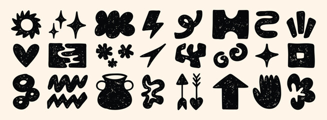 Cute abstract doodle shapes. Set of various modern kids hand drawn stars, hearts, clouds, flowers stickers. Retro comic figure