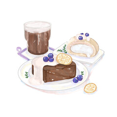 watercolor cafe menu art with bakery and drink