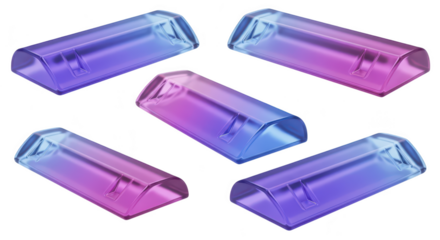 Five translucent blue-purple colored rectangular objects arranged on a white surface for illustrative or design purposes