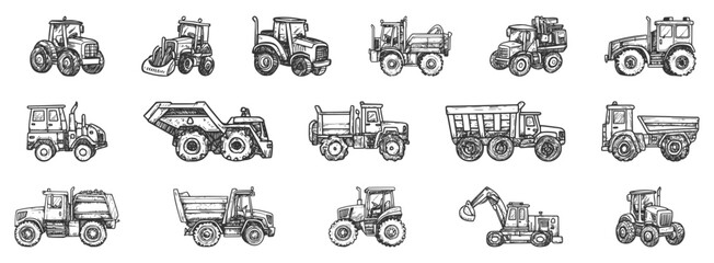 Heavy vehicle doodle and silhouette vector set with tractors, loaders, farm trucks, and machinery icons
