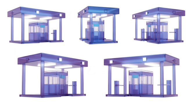 Rendered blue glass gas station in various angles isolated on white background promoting energy industry design and concept visualization