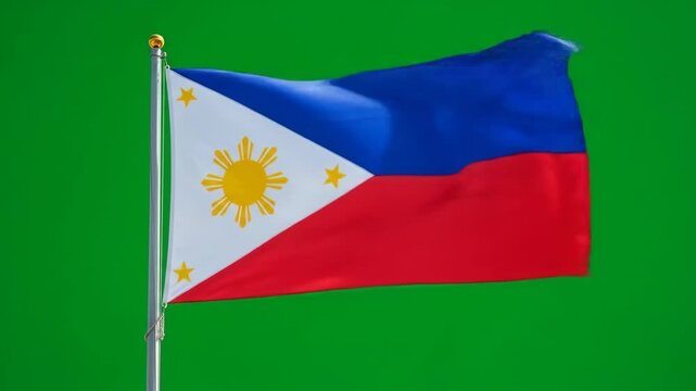 Philippine Flag on Green Background - The video showcases the national flag of the Philippines, prominently displaying its three colors: blue, white, and red, along with a yellow sun and three stars.