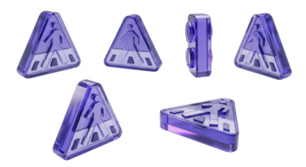 Purple translucent pedestrian crossing sign multiple views 3D rendered isolated on white representing safety and direction