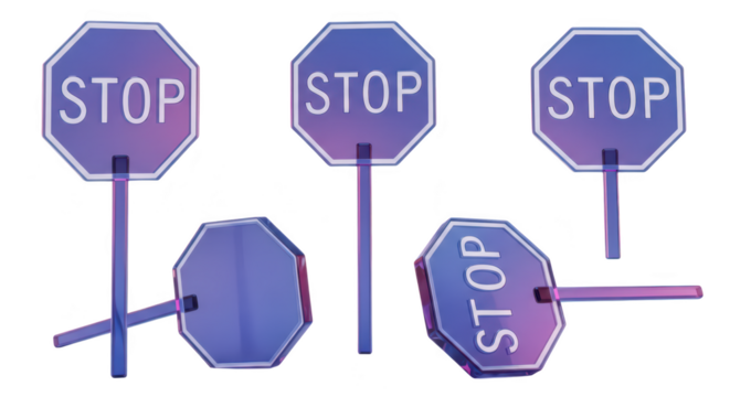 Digitally rendered stop signs on a transparent background showcasing road safety regulations with a gradient effect Suitable for traffic design and educational purposes