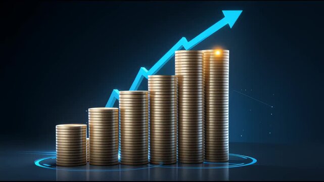 Animated stacks of gold coins with a growing arrow chart showing financial success and profit on a blue background