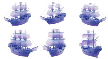 3D rendering of a translucent pirate ship sailing in front of a white background a set of multiple views for design