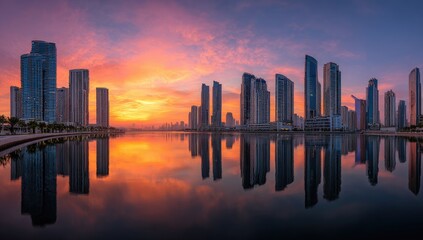 Fototapeta premium Panoramic view of a city skyline at sunrise reflected in a calm lake. Skyscrapers line the horizon, mirrored perfectly in the water. Warm, vibrant colors paint the sky