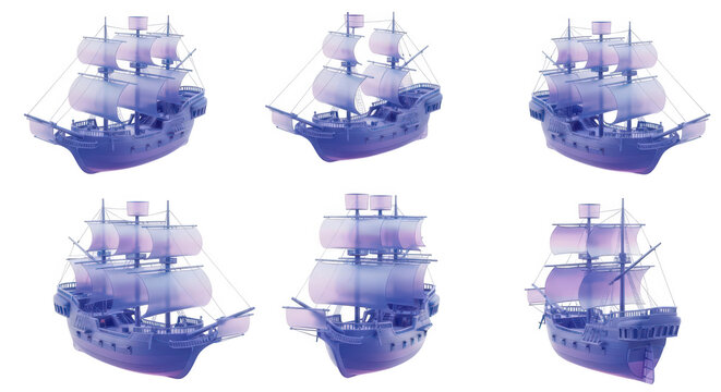 3D rendering of a translucent pirate ship sailing in front of a white background a set of multiple views for design