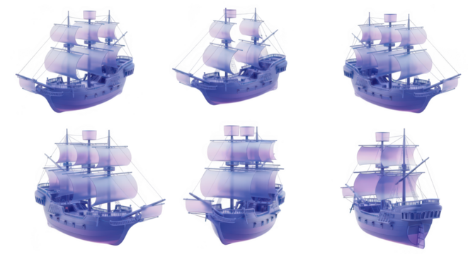 3D rendering of a translucent pirate ship sailing in front of a white background a set of multiple views for design