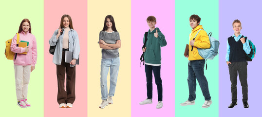 Fototapeta premium Teenagers on different colors backgrounds, collection of portraits