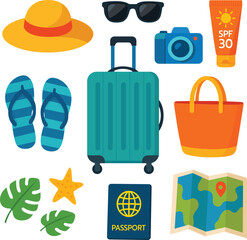 Wide brim hat sunglasses sunscreen camera flip flop suitcase tote bag map passport tropical leaf Essential travel items including wide brim hat