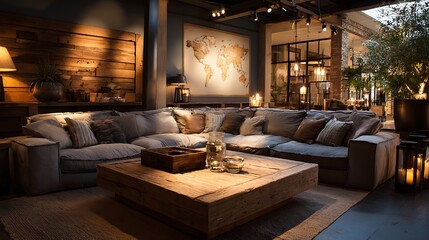 modern living room with wood table,couch luxury walls