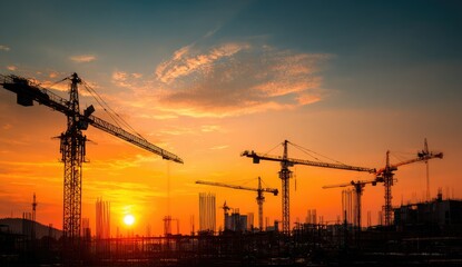 Silhouette cranes at sunset over construction site