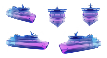 Transparent ferry boat renders various angles against white background Potential for nautical design transportation visuals or conceptual art