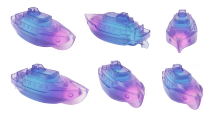 Rendered translucent toy boats in various positions on a white background used for playful design elements childhood themes and creative concepts