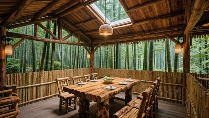 Fototapeta premium Rustic Wooden Dining Area Surrounded by Bamboo Forest