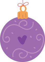 Christmas ornament ball bauble with heart shape. Purple tree decoration vector. Flat vector illustration ideal for seasonal greeting cards, party invites, winter-themed artwork, and decorative project