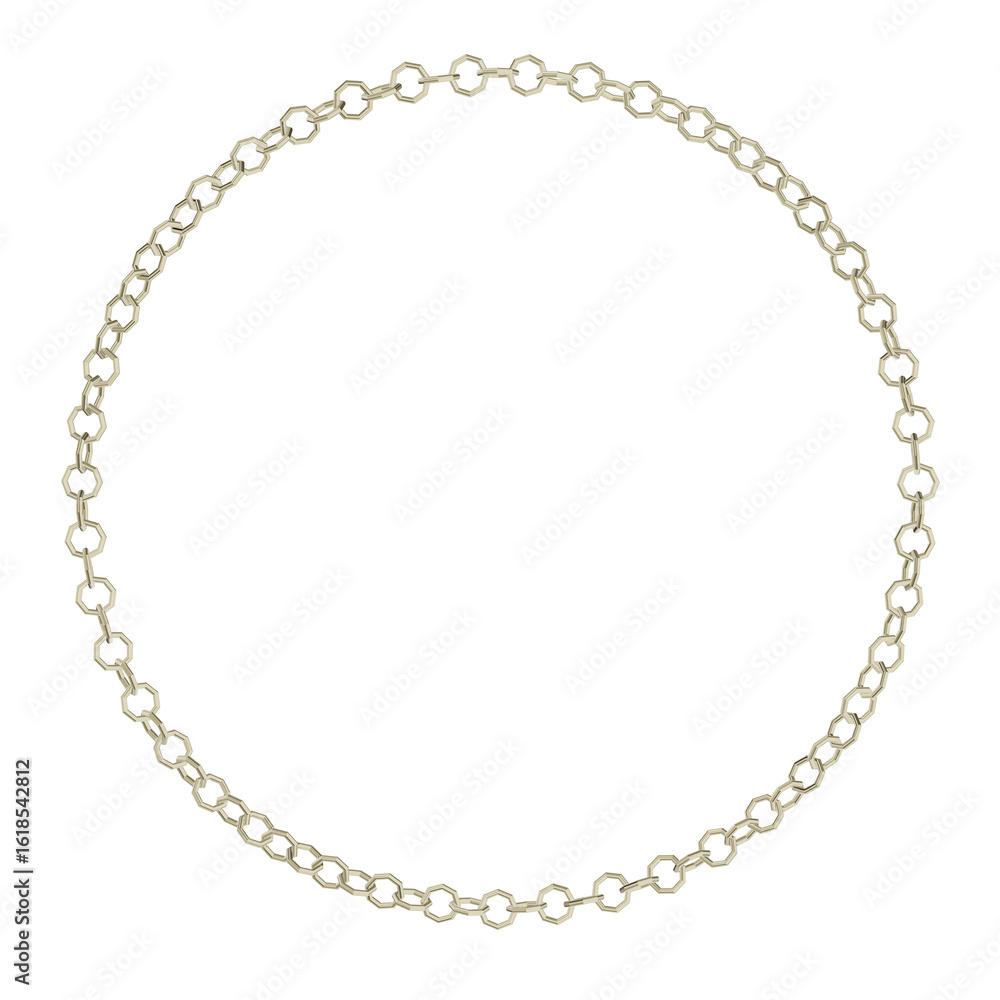 Poster a radiant 3d render of a circular frame crafted from fine golden chains with intricate hexagonal lin